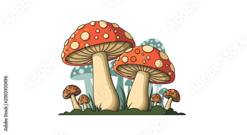 Amanita muscaria mushrooms with caps.