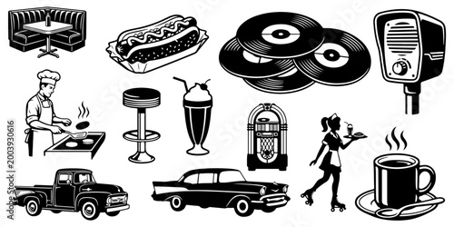 Quadro su tela Vintage 1950s American diner lifestyle silhouette set