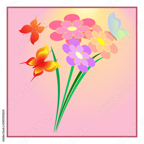 Flowers, butterflies on pink card
