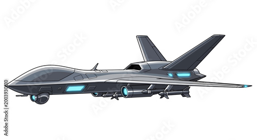 Futuristic military fighter jet aircraft.