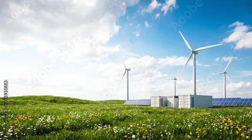 Obraz Renewable Energy Landscape for Sustainability with Wind Turbines and Solar Panels at right side Blue Sky Background Copy Space 