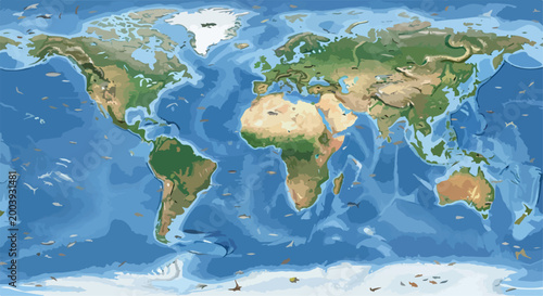 Detailed world map with physical relief and bathymetry, global topographic vector map, earth continents and oceans with mountain ranges and sea depths