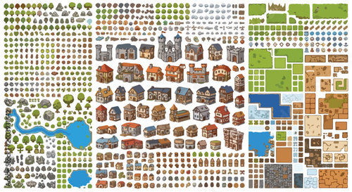 Medieval pixel art game assets collection, fantasy RPG world map construction kit, isometric village buildings and nature environment sprites