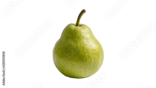 Photos Green pear with brown stem on white surface