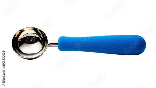 Quadro em tela Shiny metal spoon with textured blue plastic handle