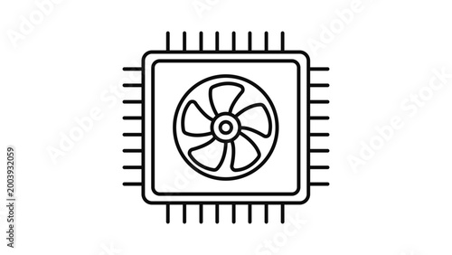 Billede på lærred GPU Microchip with Cooling Fan Minimalist Black Line Vector Icon on White Background; Scalable Graphic Illustration for Computer Hardware and Technology Projects with Editable Stroke Design