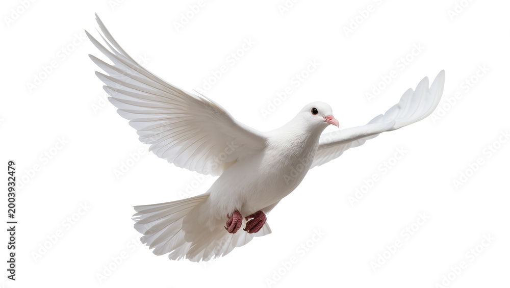 Fototapeta premium White Dove Flying with Extended Wings and Pink Feet