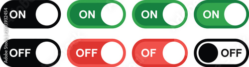 On off toggle switch button set, minimalist vector UI icons representing toggle controls for digital interface web design and mobile application elements.