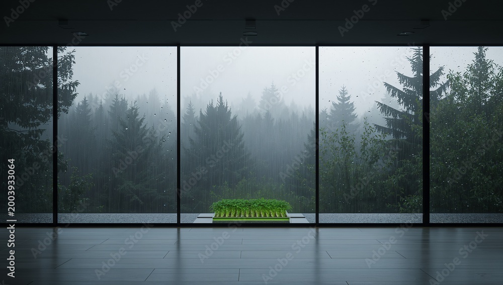 Obraz premium empty room interior with large windows overlooking a rainy forest scene high quality professional detailed modern elegant stylish clean crisp vibrant colorful digital creative innovative contemporary