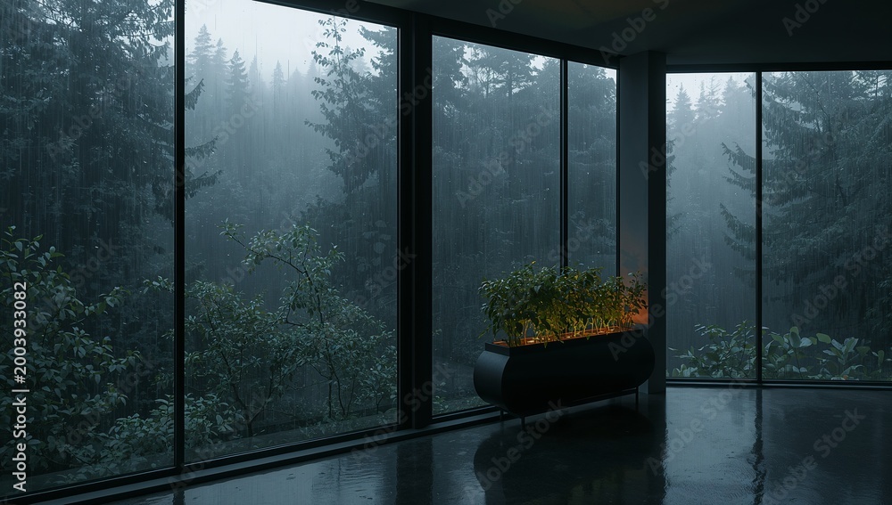 Fototapeta premium rainy day view from modern interior with potted plants high quality professional detailed elegant stylish clean crisp vibrant colorful digital creative innovative contemporary premium stunning impress