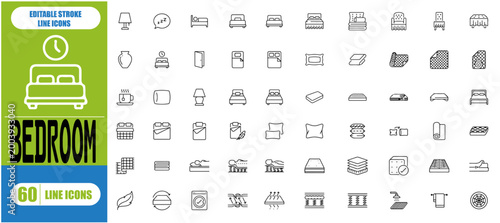 Bedroom Icons Set – Bed, Alarm Clock, Desk Lamp, Pillow & Sleep Outline Collection | Editable Stroke Vector