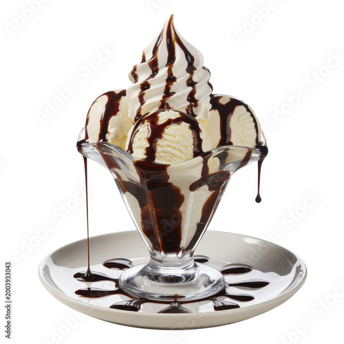 Vanilla ice cream sundae in a glass bowl with chocolate syrup drizzle on a white background
