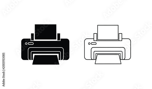 A minimalist depiction showcases two printer icons one filled and one outlined representing digital document reproduction silhouette high quality professional detailed modern elegant stylish