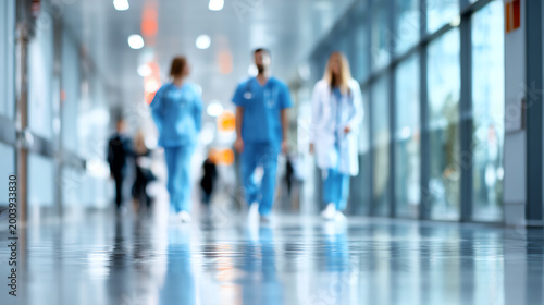 A group of medical professionals walking through a hospital corridor in scrubs and lab coats, showcasing teamwork.