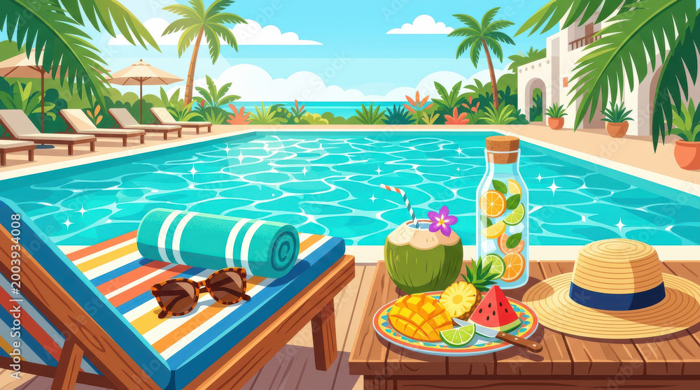 Fototapeta premium Tropical Swimming Pool Resort with Coconut Drink and Fruit Plate