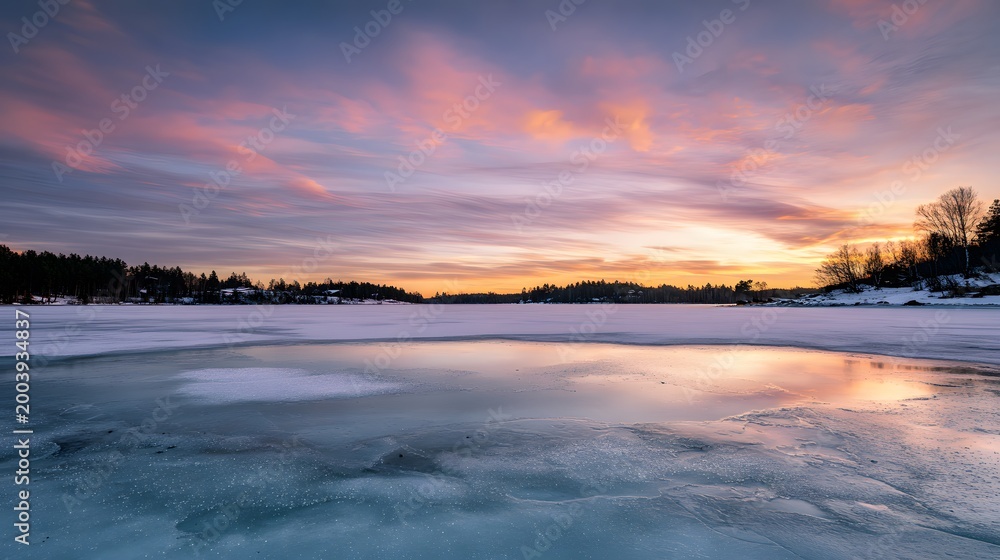 Obraz premium Serene winter sunrise reflects on a frozen lake showcasing pristine natural beauty
