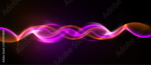 Vibrant waves, flowing light. Pink, orange hues blend against dark background. Smooth curves create dynamic visual effect.