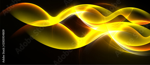 Bright yellow waves flow, creating dynamic abstract design. Orange highlights add depth against dark background. Smooth curves suggest movement.