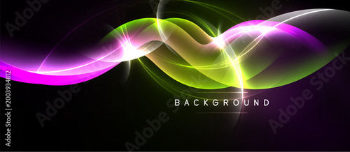 Abstract vibrant waves, glowing lines, dynamic curves. Dark background enhances colorful light effects, modern design element.
