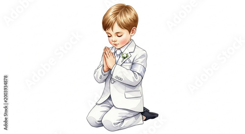 Young Boy in White Suit Kneeling and Praying, First Communion Attire