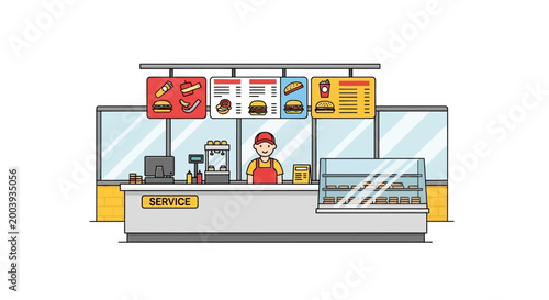 Food counter with a worker inside.