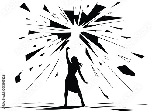 Quadro su tela Silhouette of a Woman Reaching Upward Towards an Exploding Geometric Light Burst