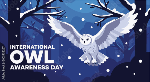 Canvas Print Owl International Awareness Day illustration in dark mystical forest with snowfl