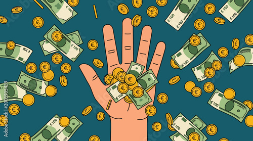 A hand is surrounded by falling money and coins in abundance.