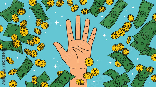 A hand is surrounded by falling money bills and coins in the air.