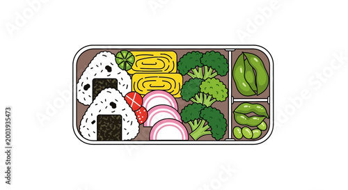 Sushi and vegetables in bento box.