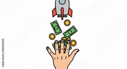 A hand catches money and coins launched from a rocket in space.