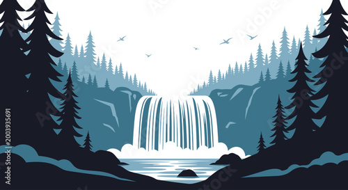 Waterfall pouring down rocky slope.