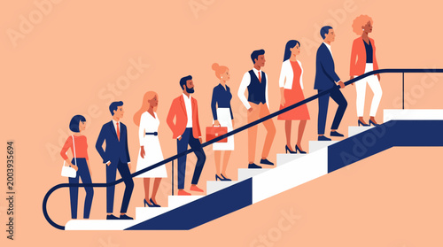 People walking up stairs in business attire on a sunny day outdoors