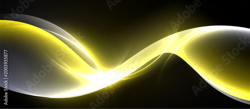 Abstract yellow waves flow across black background. Brightness creates dynamic, smooth curves, elegant design.