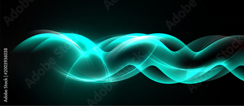 Abstract turquoise waves flow across black background. Smooth curves create dynamic, luminous visual effect. Energy radiates from center.