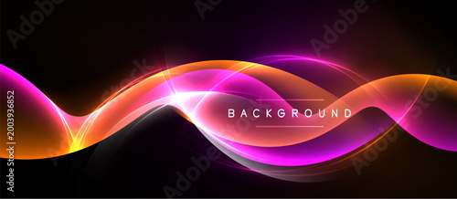 Abstract neon waves, vibrant colors, dynamic flow. Dark background enhances luminosity, creating modern visual impact.