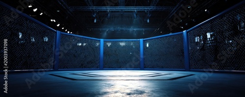 Empty octagon fighting arena with blue accents and dramatic lighting