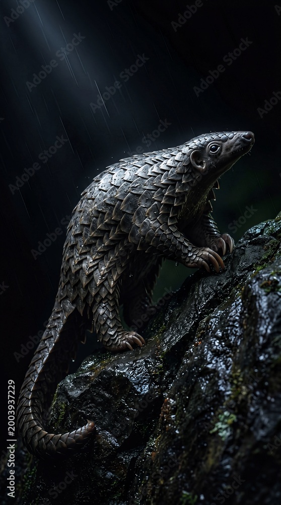 Obraz premium Rain-Soaked Pangolin Climbing Wet Mossy Rock in Dramatic Dark Cinematic Lighting