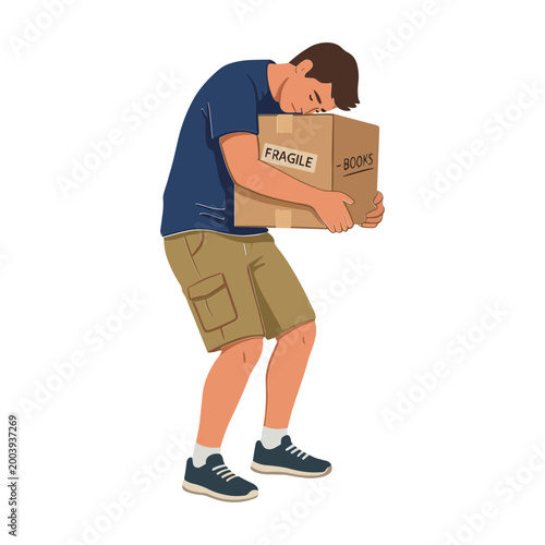 Man struggles to carry a heavy fragile box carefully indoors