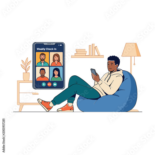 A man relaxes on a bean bag chair at home with a phone and a large smartphone displaying a video call with four people.