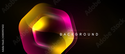 Abstract geometric design. Vibrant colors blend, creating dynamic visual effect. Dark background emphasizes glowing shapes. Modern, stylish presentation.