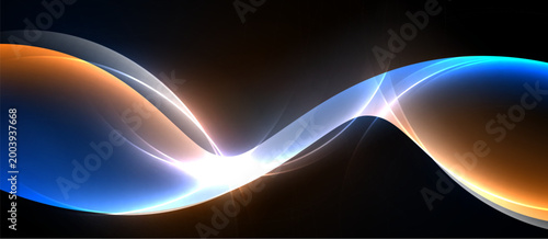 Abstract flowing shapes, vibrant blue, orange hues. Light radiates from central point, dark background creates contrast. Smooth curves define form.