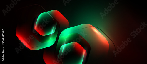 Abstract neon shapes overlap, creating vibrant red, green glow. Dark background emphasizes luminous forms, modern design element.