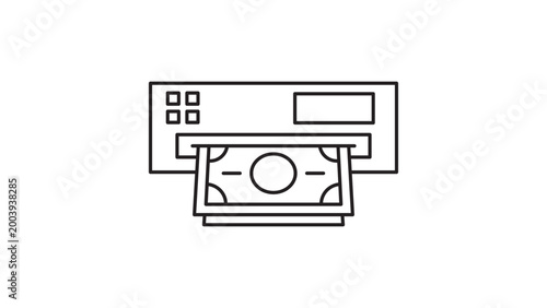 Fotografie ATM Machine Dispensing Cash Money Banknote Minimalist Black Line Vector Icon Ill