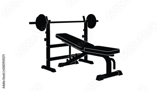 A stark black silhouette depicts a weight bench and barbell setup commonly found in gyms for strength training exercises silhouette high quality professional detailed