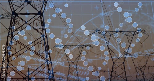 Power pylons receiving data feed, blue rings appearing and densifying to show grid status