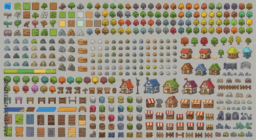 Isometric pixel art game assets collection, medieval village building icons and nature elements, fantasy RPG world map construction kit vector