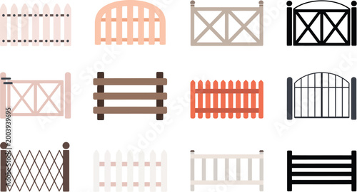 Wooden garden fence vector, rustic fence and garden gate illustration with decorative yard panels editable EPS for landscaping UI web and outdoor home design.