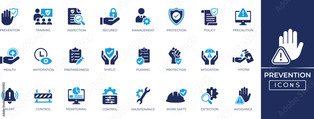 Naklejka premium Prevention icon set of safety, policy, health, intervention, security, awareness, alert, and more. Solid icons collection.