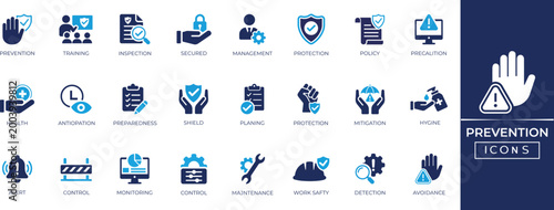Prevention icon set of safety, policy, health, intervention, security, awareness, alert, and more. Solid icons collection.